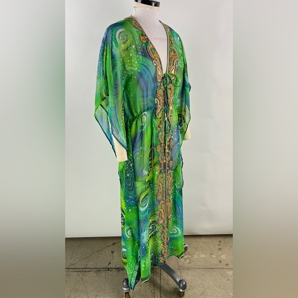 417B- GREEN BLUE. Hand Beaded Detail Tie Front Kimono - Picture 4 of 15